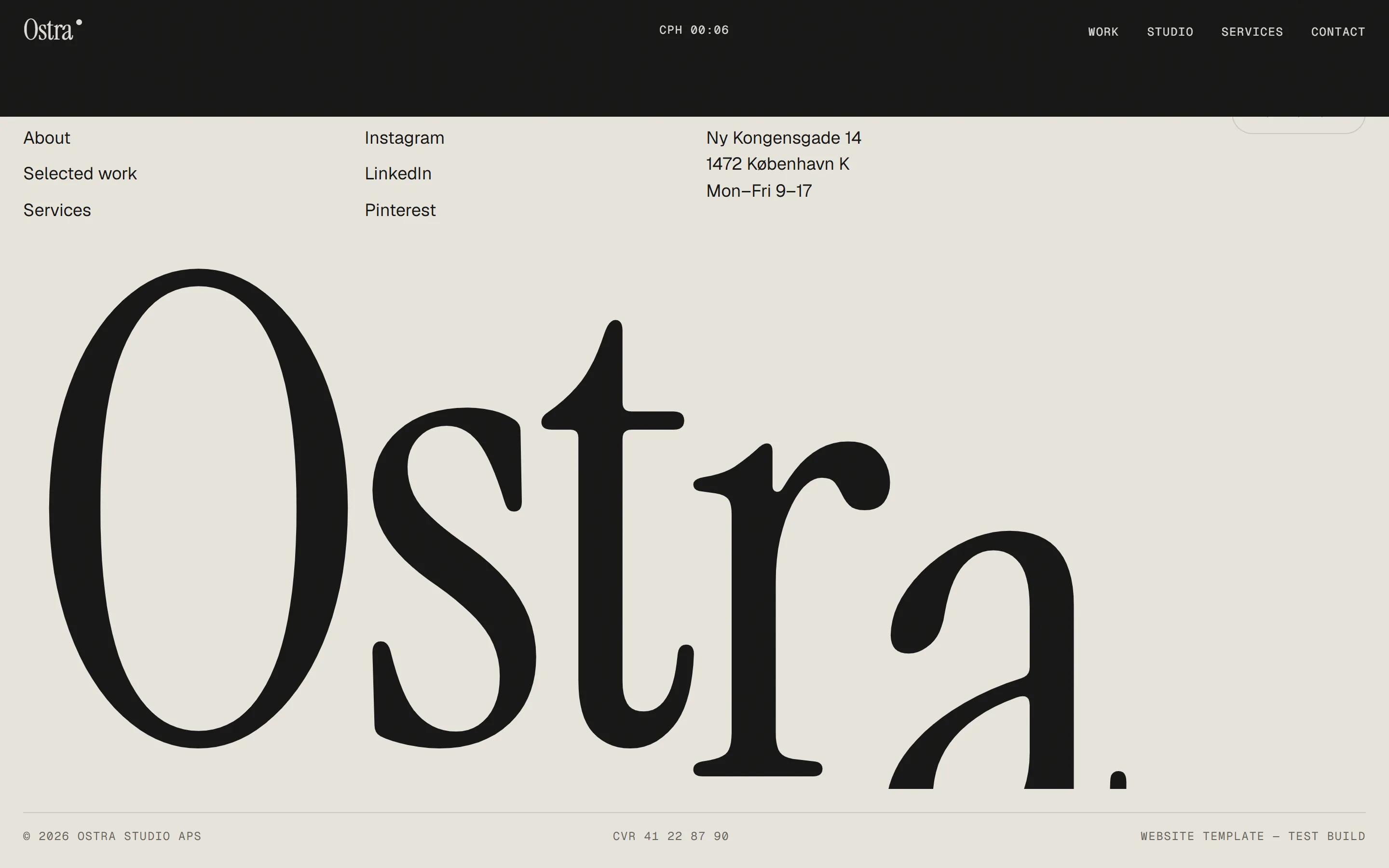Ostra footer on desktop: link columns above the name Ostra set across the full width in a huge serif