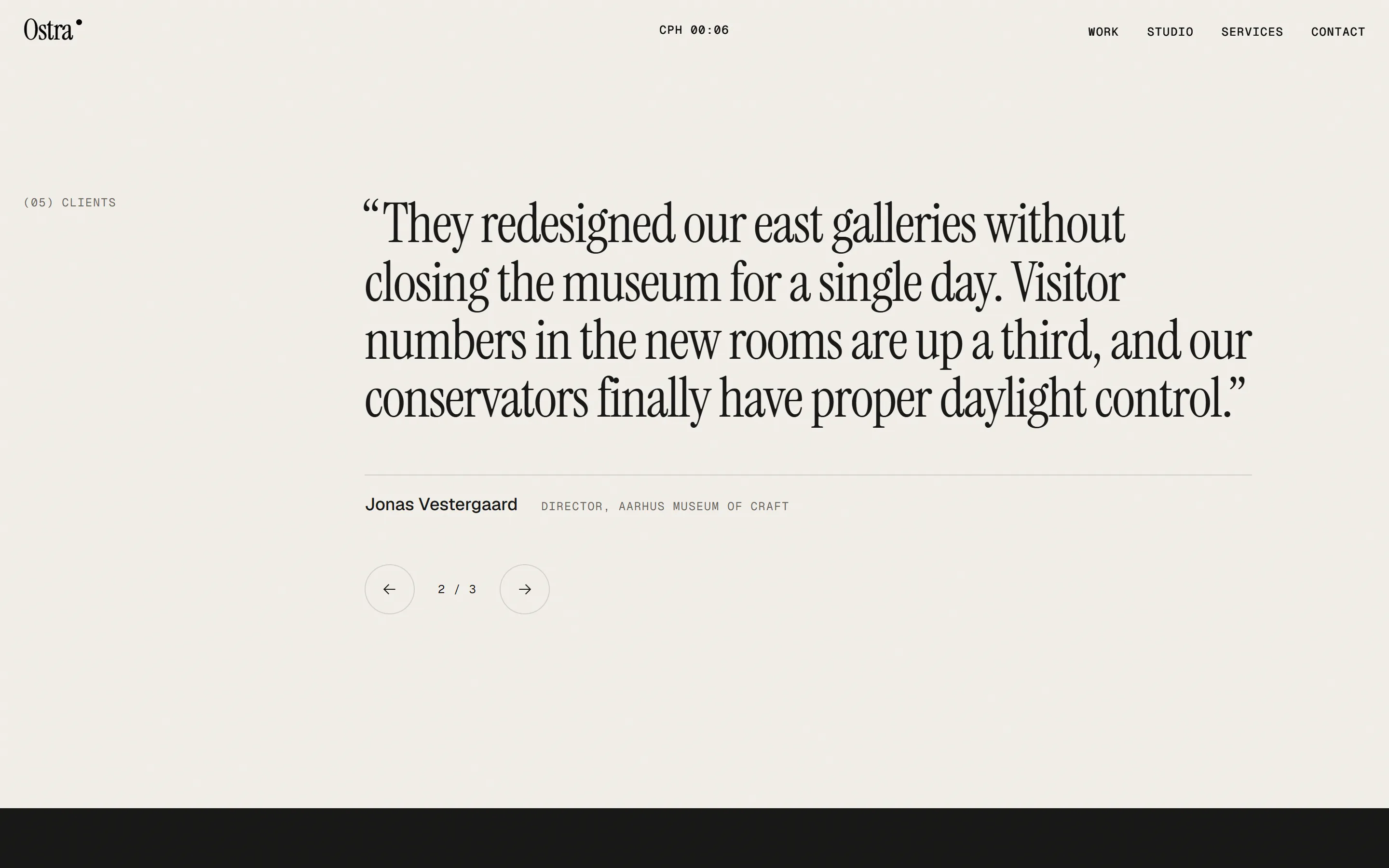 Ostra client quote section on desktop: a placeholder quote in a large serif with arrow buttons to page through