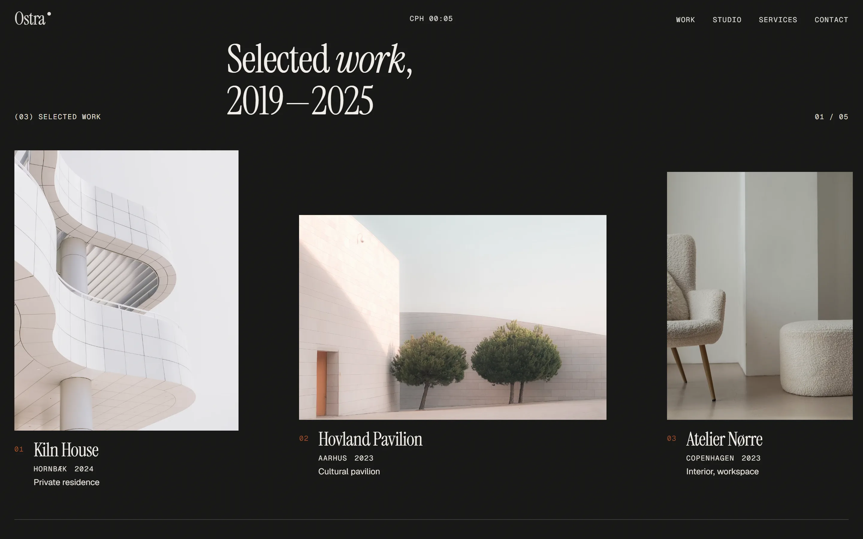 Ostra selected work on desktop: three project photos in a sideways gallery on a dark background, each with a name, place and year
