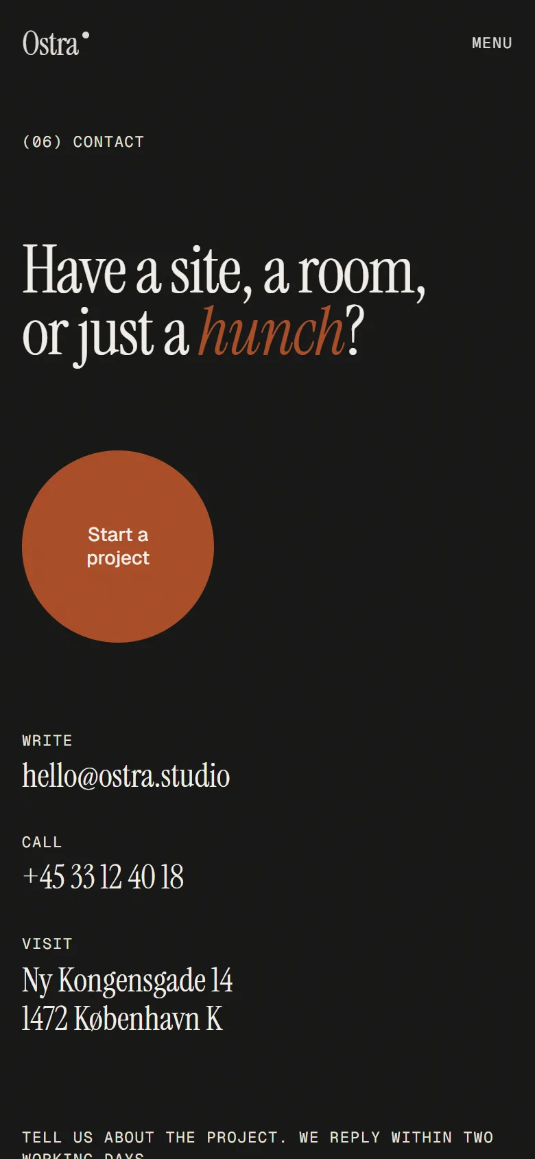 Ostra contact section on a phone: the headline, a round clay button and the studio's email, phone and address