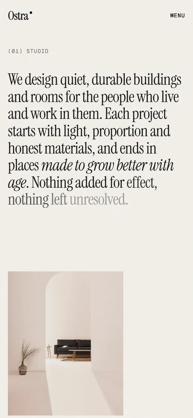 Ostra studio introduction on a phone: the serif paragraph above a photo of a pale arched room