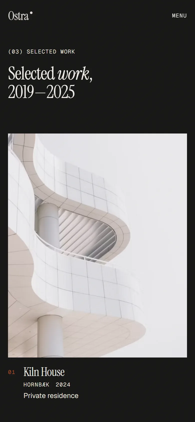 Ostra selected work on a phone: a tall photo of a curving white building above the project name, place and year